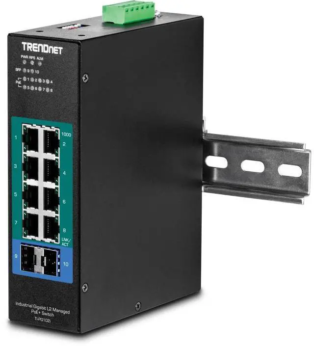 Alt view image 3 of 13 - TRENDnet 10-Port Industrial Gigabit L2 Managed PoE+ DIN-Rail Switch, 8 x Gigabit PoE+ Ports, DIN-Rail Mount, 2 x SFP Slots, 24-57V DC Power Input, IP30, VLAN, Black, TI-PG102i
