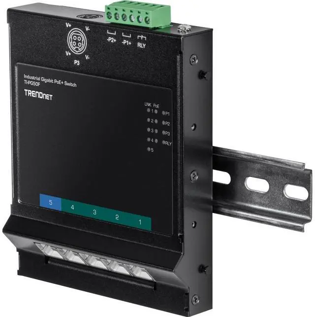 Alt view image 4 of 6 - TRENDnet 5-Port Industrial Gigabit PoE+ Wall-Mounted Front Access Switch, 5X Gigabit PoE+ Ports, DIN-Rail Mount, 48 -57V DC Power Input, IP30, 120W PoE Budget, TI-PG50F