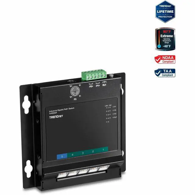 Main image of TRENDnet 5-Port Industrial Gigabit PoE+ Wall-Mounted Front Access Switch, 5X Gigabit PoE+ Ports, DIN-Rail Mount, 48 -57V DC Power Input, IP30, 120W PoE Budget, TI-PG50F
