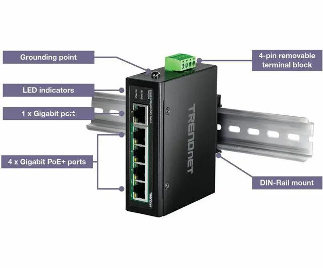 Alt view image 5 of 5 - TRENDnet 5-Port Hardened Industrial Unmanaged Gigabit Switch, TI-PG50, 10/100/1000Mbps, DIN-Rail Switch, 4 x Gigabit PoE+ Ports, 1 x Gigabit Port, Gigabit Ethernet Network Switch
