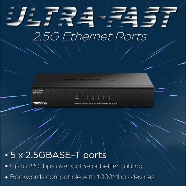 Alt view image 7 of 11 - TRENDnet 5-Port Unmanaged 2.5G Gaming Switch, TEG-S350, 5 x 2.5GBase-T Ports, 25Gbps Switching Capacity, Ethernet Splitter, NDAA & TAA Compliant, Fanless, Wall Mountable, Lifetime Protection, Black