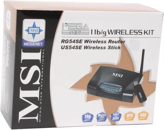 Alt view image 7 of 7 - MSI 11b/g Wireless Kit RG54SE: 801.11b/g(Wireless), 802.3(10BaseT),802.3u(100BaseT)
US54SE: IEEE 802.11/IEEE802.11b/IEEE 802.11g Wireless broadband router-RG54SE and an Wireless USB adapter-US54SE