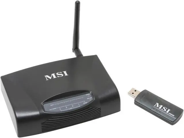 Main image of MSI 11b/g Wireless Kit RG54SE: 801.11b/g(Wireless), 802.3(10BaseT),802.3u(100BaseT)
US54SE: IEEE 802.11/IEEE802.11b/IEEE 802.11g Wireless broadband router-RG54SE and an Wireless USB adapter-US54SE