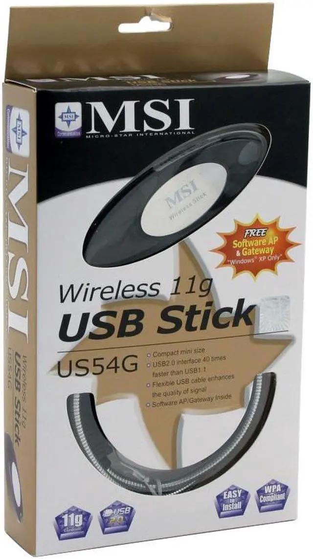 Alt view image 4 of 4 - MSI US54G Wireless-G Adapter IEEE 802.11, 802.11b/g USB 2.0 Up to 54Mbps Wireless Data Rates