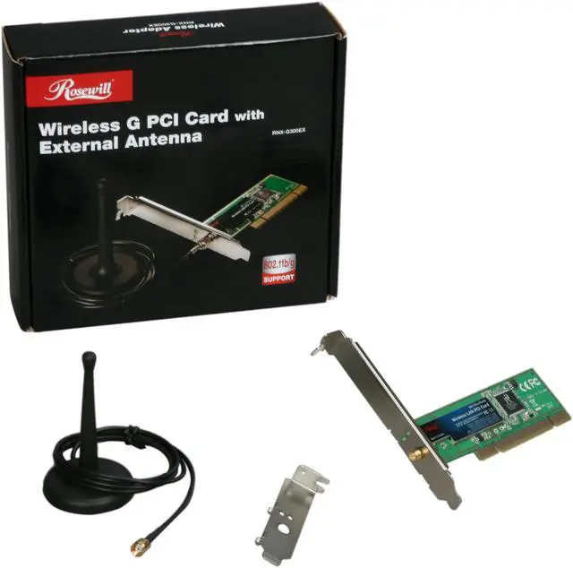Alt view image 5 of 5 - Rosewill RNX-G300EX Wireless Card IEEE 802.11b/g PCI Up to 54Mbps Data Rates 64/128bit WEP WPA WPA2 802.1x, 802.11i, AES, TKIP with 100cm cable external 2 dBi Antenna