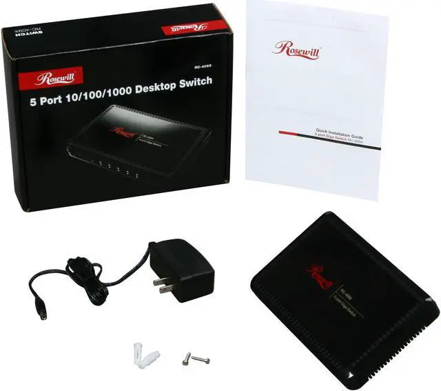 Alt view image 5 of 5 - Rosewill RC-409X 10/100/1000Mbps 5-Port Desktop Green Power Saving Switch/ Plastic shell 5 x RJ45 1K MAC Address Table 832Kbits Buffer Memory