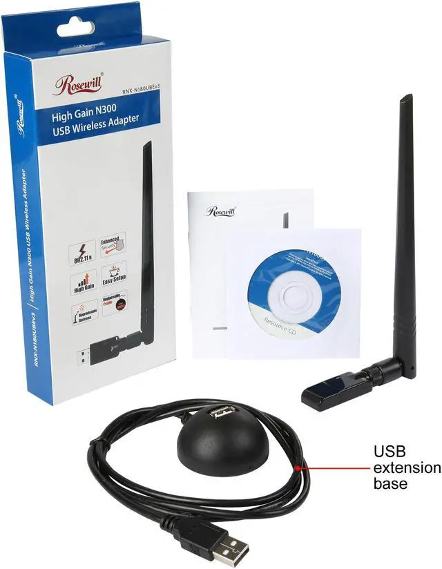 Alt view image 5 of 5 - Rosewill RNX-N180UBEv3 - Wireless High Gain N300 Wi-Fi Adapter - IEEE 802.11b/g/n, (2T2R), Up to 300 Mbps Data Rates, USB 2.0 Cradle, 5 dBi High Power Antenna
