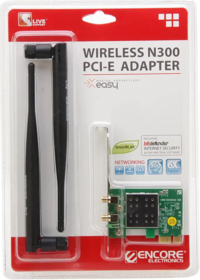 Alt view image 5 of 5 - ENCORE ENEWI-2XN45 Wireless N300 Adapter with Two 5 dBi antennas, IEEE 802.11b/g/ n 2.0 PCI Express Up to 300Mbps
