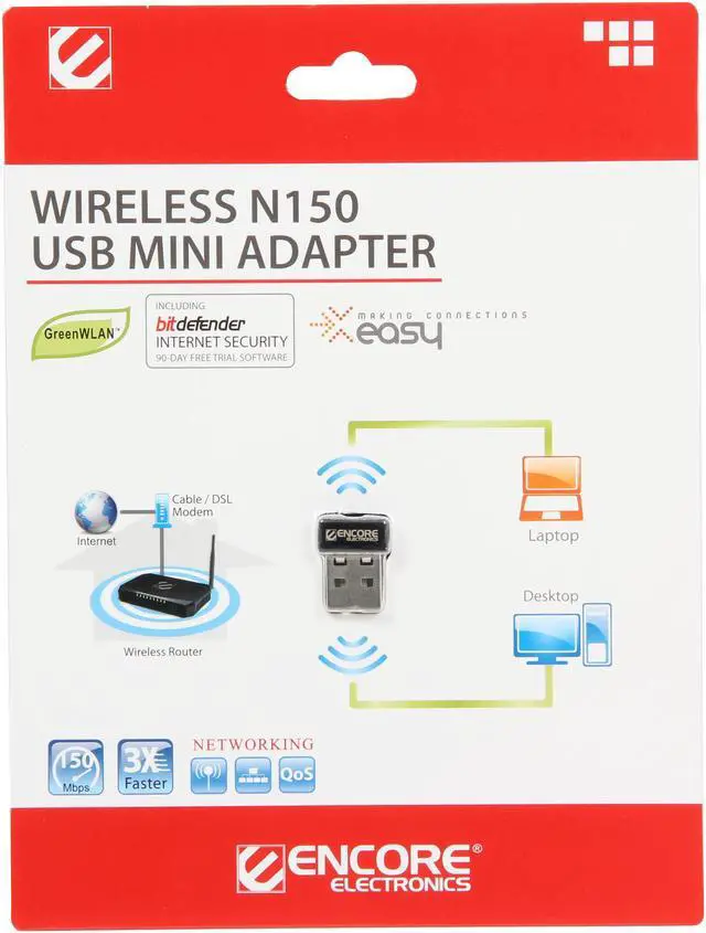 Alt view image 6 of 6 - ENCORE ENUWI-1XN4M Wireless N150 Mini Adapter IEEE 802.11b/g/n USB 2.0 Up to 150Mbps Wireless Data Rates