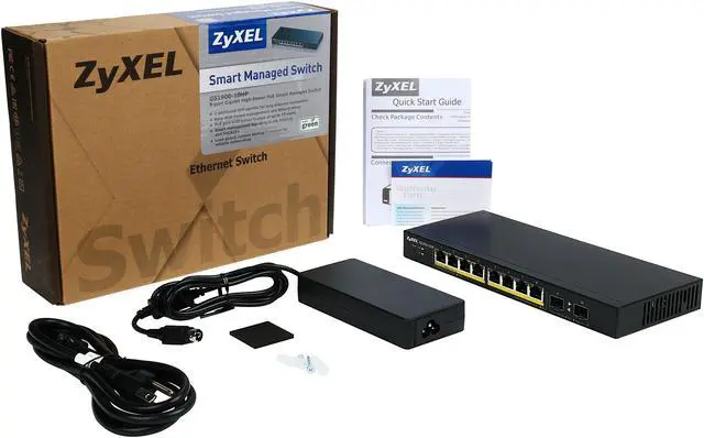 Alt view image 5 of 5 - ZyXEL 8-Port Gigabit Smart Managed PoE Switch, 8 PoE+ Ports at 77W with 2 SFP Uplinks, Fanless, GS1900-10HP