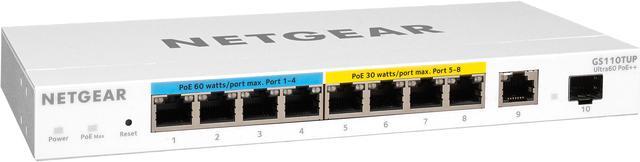 Main image of NETGEAR 10-Port Ultra60 PoE Gigabit Ethernet Smart Switch (GS110TUP) - Managed with 4 x PoE+ and 4 x PoE++ @ 240W, 2 x 1G Uplinks, Desktop/Wall/Rackmount, and ProSAFE Lifetime Protection