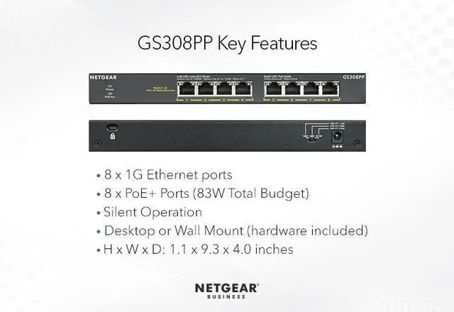 Alt view image 5 of 7 - Netgear GS308PP 8-Port Gigabit Ethernet Unmanaged PoE+ Essentials Switch with 8-Ports PoE+ (83W), GS308PP-100NAS