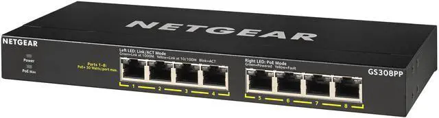 Alt view image 2 of 7 - Netgear GS308PP 8-Port Gigabit Ethernet Unmanaged PoE+ Essentials Switch with 8-Ports PoE+ (83W), GS308PP-100NAS