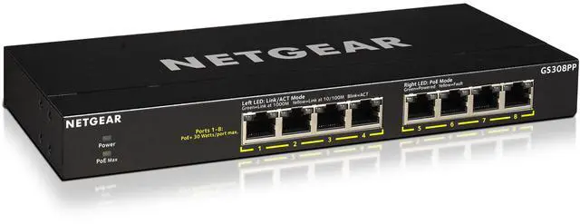 Main image of Netgear GS308PP 8-Port Gigabit Ethernet Unmanaged PoE+ Essentials Switch with 8-Ports PoE+ (83W), GS308PP-100NAS