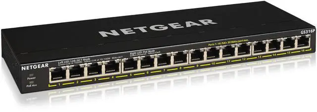 Main image of Netgear GS316P 16-Port Gigabit Ethernet Unmanaged PoE+ Switch with FlexPoE (115W), GS316P-100NAS