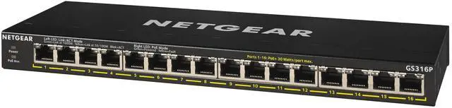 Alt view image 2 of 4 - Netgear GS316P 16-Port Gigabit Ethernet Unmanaged PoE+ Switch with FlexPoE (115W), GS316P-100NAS