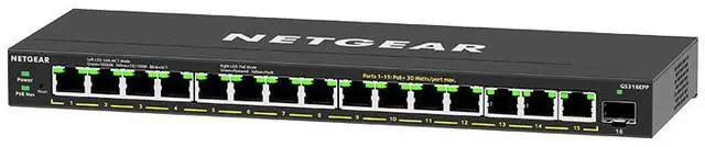 Main image of Netgear GS316PP 16-Port High-Power PoE+ Gigabit Ethernet Easy Smart Essentials Switch (231W) with 1 SFP Port, GS316PP-100NAS