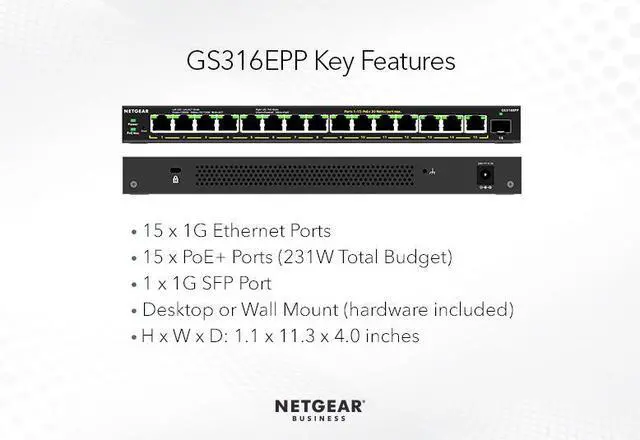 Alt view image 5 of 7 - Netgear GS316PP 16-Port High-Power PoE+ Gigabit Ethernet Easy Smart Essentials Switch (231W) with 1 SFP Port, GS316PP-100NAS