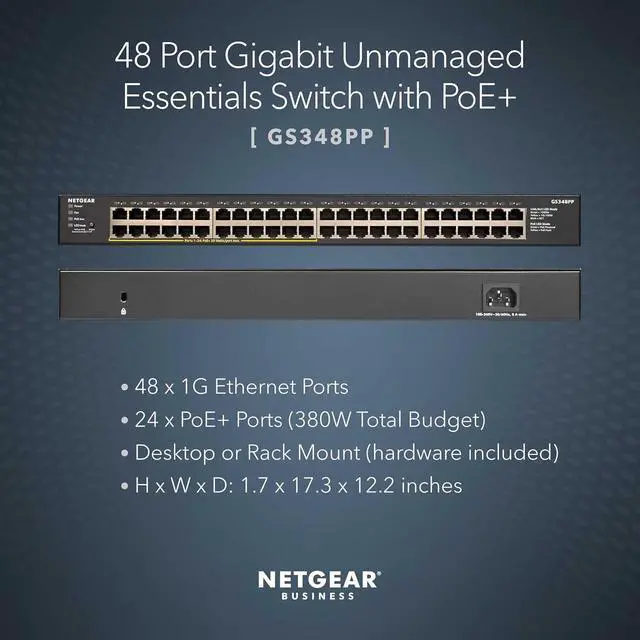 Alt view image 2 of 4 - Netgear GS348PP 48-Port Gigabit Ethernet Unmanaged PoE+ Essentials Switch with 24-Ports PoE+ (380W), GS348PP-100NAS