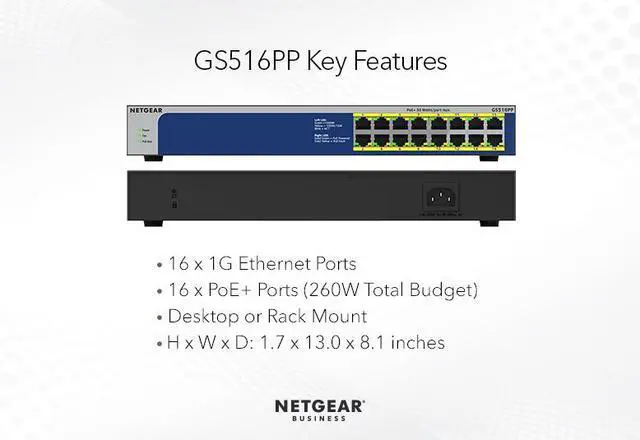 Alt view image 11 of 15 - Netgear GS516PP 16-Port Gigabit Ethernet High-Power PoE+ Unmanaged Switch (260W), GS516PP-100NAS