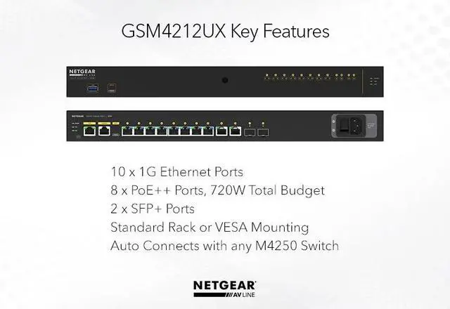 Alt view image 10 of 14 - NETGEAR 8x1G PoE+ 240W 2x1G and 2xSFP+ Managed Switch | AV Line M4250-10G2XF-PoE+, GSM4212UX-100NAS