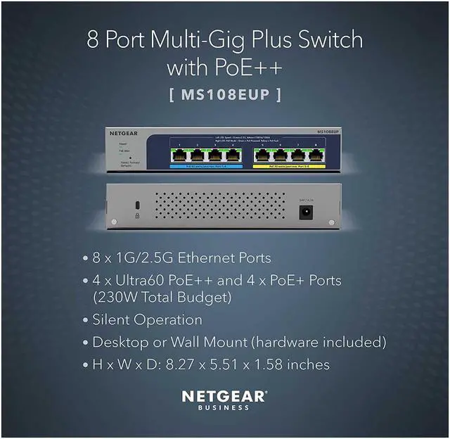Alt view image 2 of 6 - NETGEAR 8-port Multi-Gigabit (2.5G) Ultra60 PoE++ Ethernet Plus Switch | MS108EUP