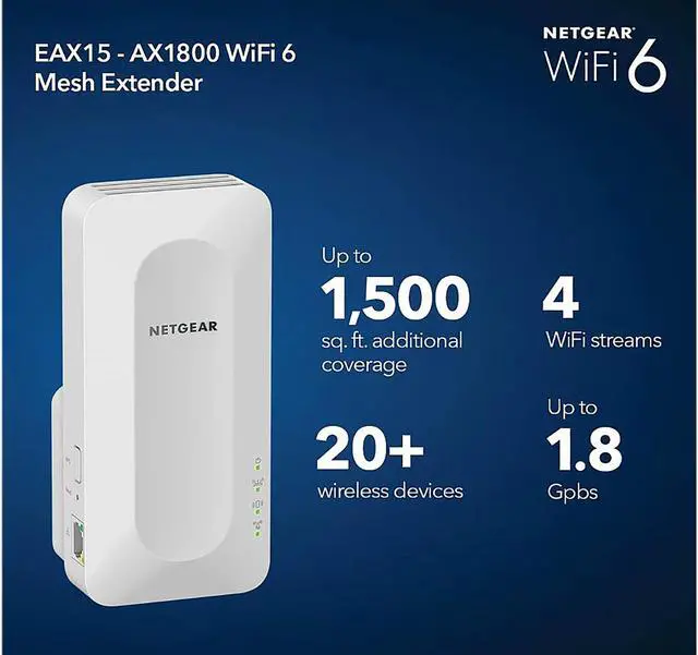 Alt view image 2 of 6 - NETGEAR WiFi 6 Mesh Range Extender (EAX15) - Add up to 1,500 sq. ft. and 20+ Devices with AX1800 Dual-Band Wireless Signal Booster & Repeater (up to 1.8Gbps Speed), WPA3 Security, Smart Roaming