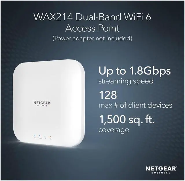 Alt view image 2 of 6 - NETGEAR WiFi 6 Access Point (WAX214) - Dual-Band PoE Access Point AX1800 Wireless Speed | 1 x 1G Ethernet PoE Port | Up to 128 Devices | 802.11ax | WPA3 Security | MU-MIMO | Power Adapter Not Included