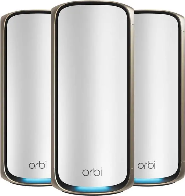 Main image of NETGEAR Orbi 970 Series Quad-Band WiFi 7 Mesh Network System (RBE973S), Router + 2 Satellite Extenders, Security Features, Up to 27Gbps, Covers Up to 10,000 sq. ft., 200 Devices, 10 Gig Internet Port