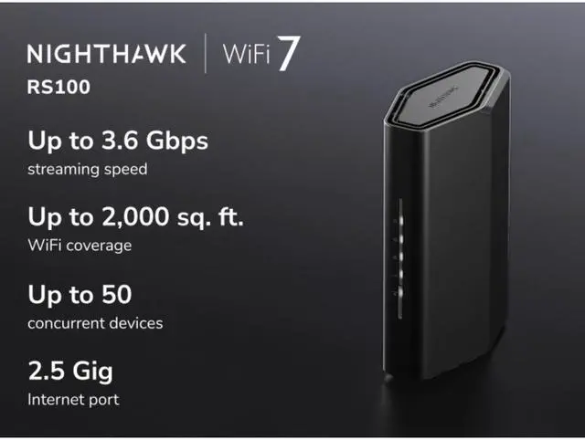 Alt view image 2 of 5 - NETGEAR Nighthawk Dual-Band WiFi 7 Router (RS100) – Security Features, BE3600 Wireless Speed (up to 3.6 Gbps) - Covers up to 2,000 sq. ft., 50 Devices – 2.5 Gig Internet Port