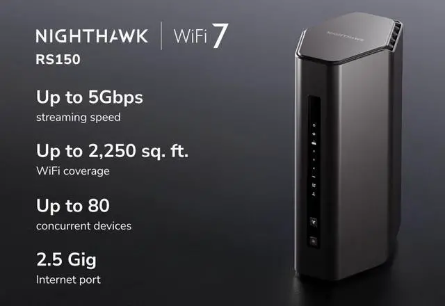 Alt view image 2 of 4 - Netgear Nighthawk Dual-Band WiFi 7 Router - 5Gbps - BE5000 Wireless Speed (up to 5.0 Gbps) - 2.5 Gig Internet Port RS150-100NAS