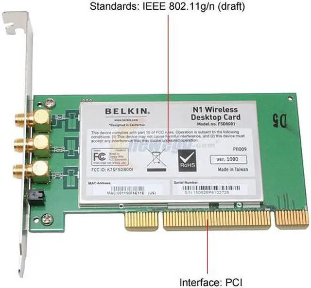 Alt view image 4 of 6 - BELKIN F5D8001 N1 Wireless Desktop Card IEEE 802.11b/g, IEEE 802.11n Draft 32bit PCI Up to 300Mbps Wireless Data Rates