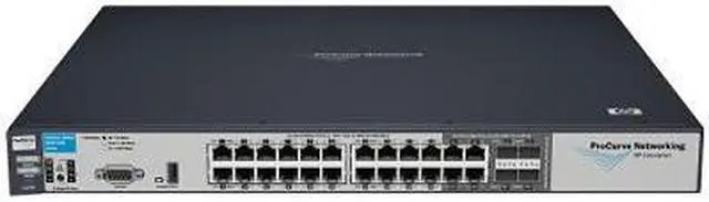 Main image of HP J9049A 10/100/1000Mbps + 10 Gigabit ProCurve Switch 2900-24G 20 RJ-45 10/100/1000 ports (IEEE 802.3 Type 10Base-T, IEEE 802.3u Type 100Base-T, IEEE 802.3ab Type 1000Base-T) 
2 CX4 10-GbE ports
2 X2 ports
1 RS-232C DB-9 console port
4