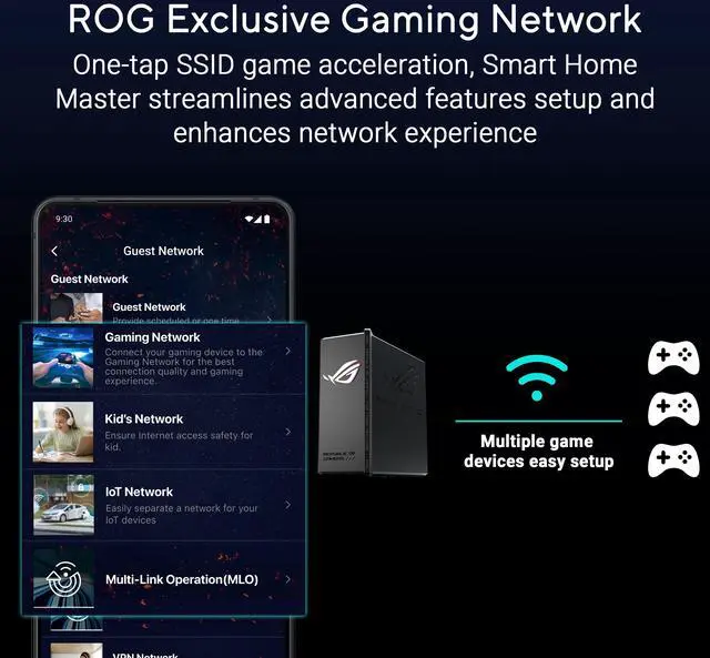 Alt view image 7 of 10 - ASUS ROG Strix GS-BE12000 WiFi 7 Tri-band Router, 12000 Mbps, 20G wired capacity, 3,000 sq. ft. Coverage, 2.0GHz Quad-core CPU, Game Acceleration, Triple-Level Security, AiMesh Compatible