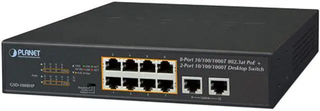Main image of PLANET GSD-1008HP Unmanaged 8-Port 10/100/1000T 802.3at PoE + 2-Port 10/100/1000T Desktop Switch (120 Watts)