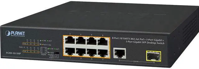 Main image of PLANET FGSD-1011HP 8-Port 10/100TX 802.3at/af PoE + 1-Port 10/100/1000T + 1-Port 100/1000X SFP Desktop Switch
