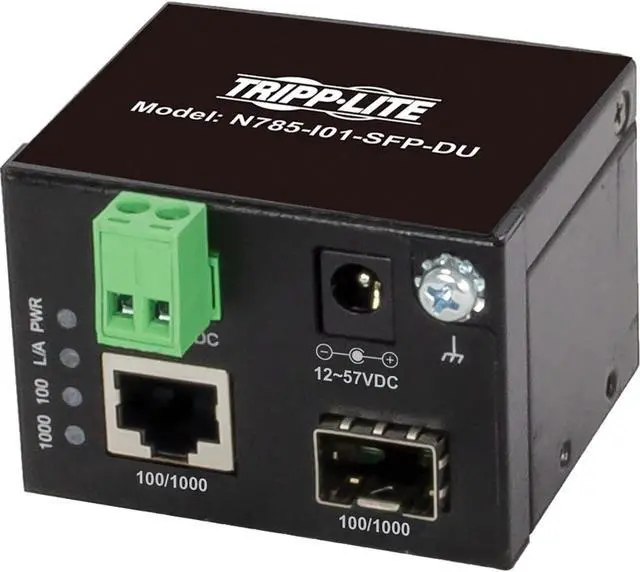 Main image of Tripp Lite N785-I01-SFP-DU Unmanaged Industrial Gigabit Fiber to Ethernet Media Converter, 10/100/1000 Mbps, RJ45/SFP, -40° to 75°C, DC Power