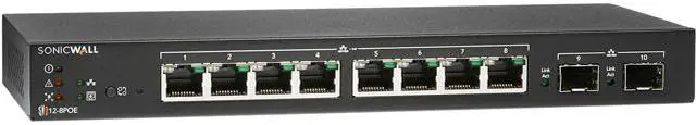 Main image of SonicWall Switch SWS12-8POE 10 Ports - Manageable - 2 Layer Supported - Modular - 2 SFP Slots - 73.30 W Power Consumption - 55 W PoE Budget - Optical Fiber, Twisted Pair - PoE Ports - Desktop