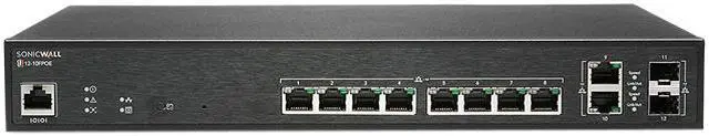 Main image of SonicWall Switch SWS12-10FPOE 12 Ports - Manageable - 2 Layer Supported - Modular - 2 SFP Slots - 152.80 W Power Consumption - 130 W PoE Budget - Optical Fiber, Twisted Pair - PoE Ports - Desktop