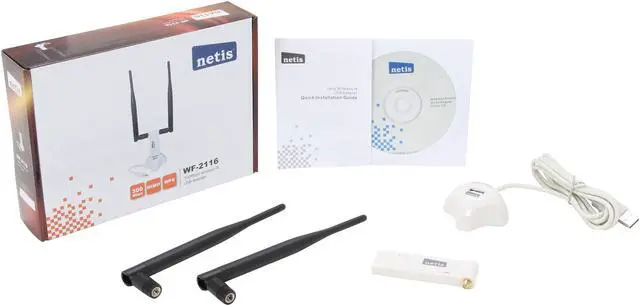 Alt view image 5 of 5 - NETIS WF-2116 N300 Wireless High Gain USB Adapter with Double 5dBi Antennas and USB Cradle Extension Compatible with Windows MAC Linux OS