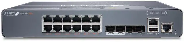 Alt view image 3 of 3 - HPE Juniper Networking, Compact, fanless switch offering 12 x 1GbE, PoE+ (30W) access ports, 2 x 1/10G SFP+ uplink ports, and 2 x 10G SFP+ VC ports with a total PoE budget of 240W | EX4000-12P