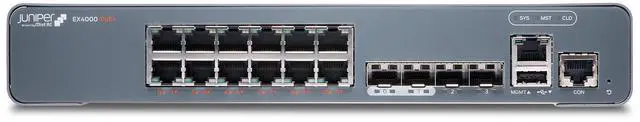Main image of HPE Juniper Networking, Compact, fanless switch offering 12 x 1GbE, PoE+ (30W) access ports, 2 x 1/10G SFP+ uplink ports, and 2 x 10G SFP+ VC ports with a total PoE budget of 240W | EX4000-12P