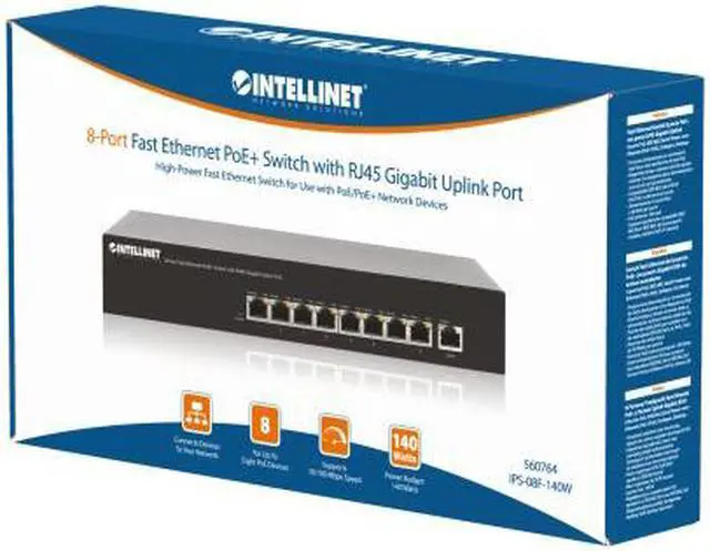 Alt view image 7 of 7 - Intellinet 8-Port Fast Ethernet PoE+ Switch, 8 x PoE ports, IEEE 802.3at/af Power-over-Ethernet (PoE+/PoE), Endspan, Desktop