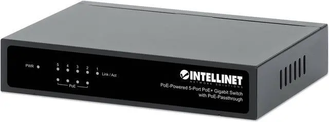 Main image of Intellinet PoE-Powered 5-Port Gigabit Switch with PoE-Passthrough, One PoE PD Port, Four PSE PoE ports, IEEE 802.3at/af (PoE+/PoE) Compliant, PoE Power Budget up to 60 W, Desktop Format, Wall-mount Option