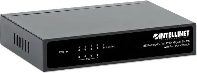 Alt view image 2 of 9 - Intellinet PoE-Powered 5-Port Gigabit Switch with PoE-Passthrough, One PoE PD Port, Four PSE PoE ports, IEEE 802.3at/af (PoE+/PoE) Compliant, PoE Power Budget up to 60 W, Desktop Format, Wall-mount Option