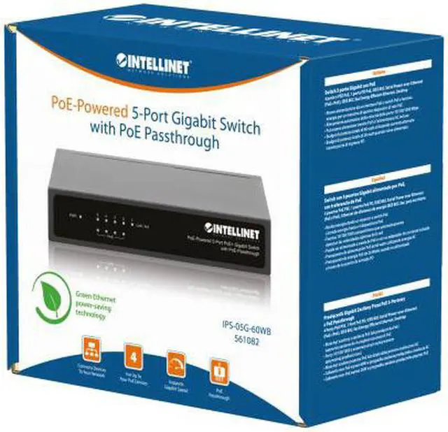 Alt view image 9 of 9 - Intellinet PoE-Powered 5-Port Gigabit Switch with PoE-Passthrough, One PoE PD Port, Four PSE PoE ports, IEEE 802.3at/af (PoE+/PoE) Compliant, PoE Power Budget up to 60 W, Desktop Format, Wall-mount Option