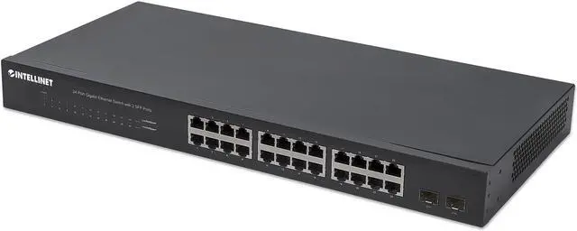 Main image of Intellinet 24-Port Gigabit Ethernet Switch with 2 SFP Ports, 24 x 10/100/1000 Mbps RJ45 Ports + 2 x SFP, IEEE 802.3az (Energy Efficient Ethernet), 19" Rackmount, Metal