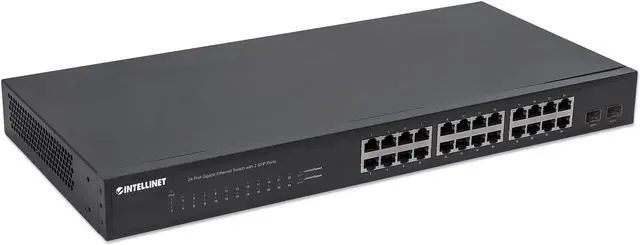 Alt view image 2 of 5 - Intellinet 24-Port Gigabit Ethernet Switch with 2 SFP Ports, 24 x 10/100/1000 Mbps RJ45 Ports + 2 x SFP, IEEE 802.3az (Energy Efficient Ethernet), 19" Rackmount, Metal