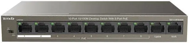 Alt view image 3 of 3 - Tenda TEF1110P-8-63W Unmanaged 10-Port 10/100M Desktop Switch with 8-Port PoE