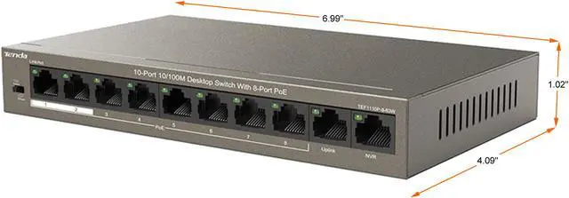 Alt view image 2 of 3 - Tenda TEF1110P-8-63W Unmanaged 10-Port 10/100M Desktop Switch with 8-Port PoE